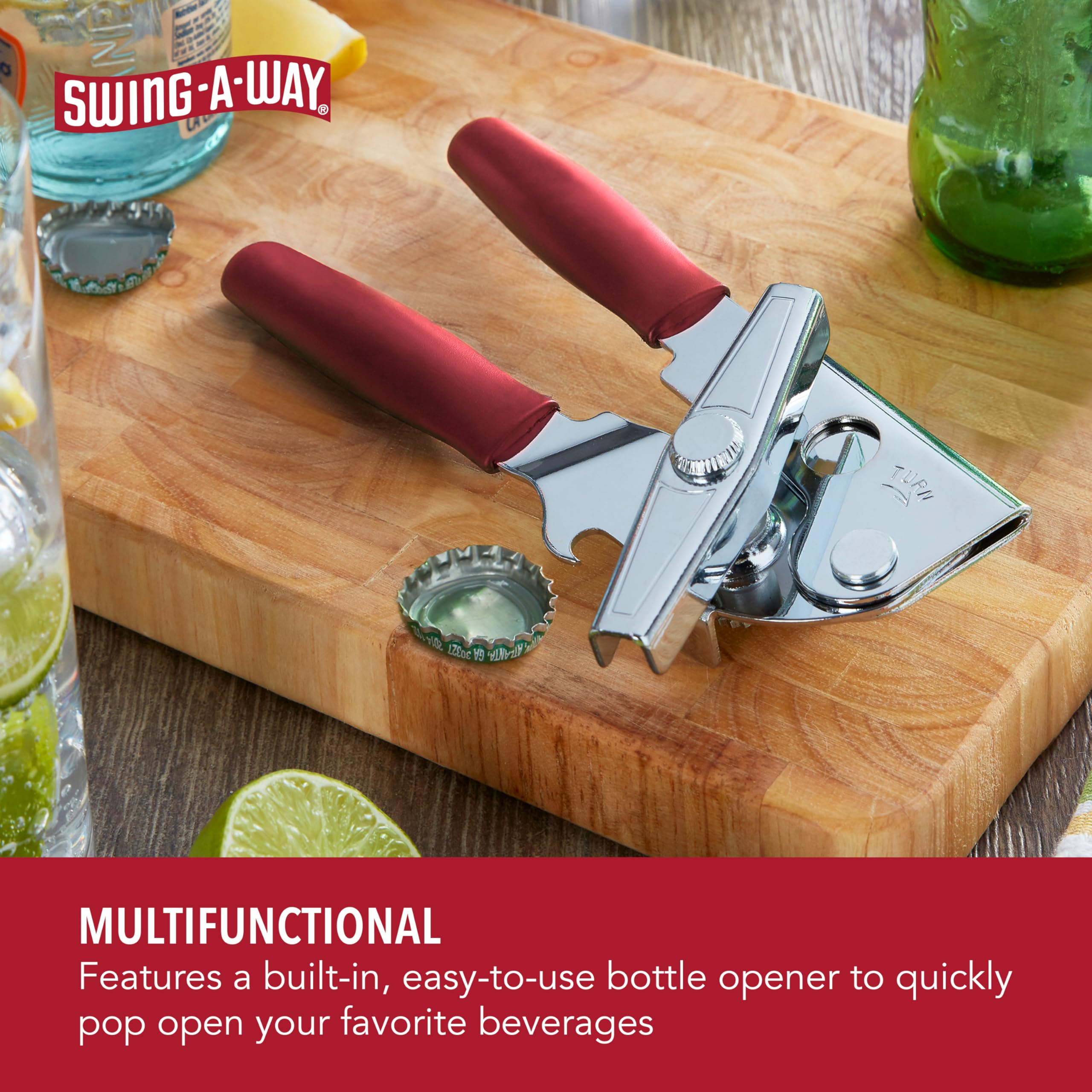Swing-A-Way 2-in-1 can and bottle opener demonstrates versatile kitchen tool.