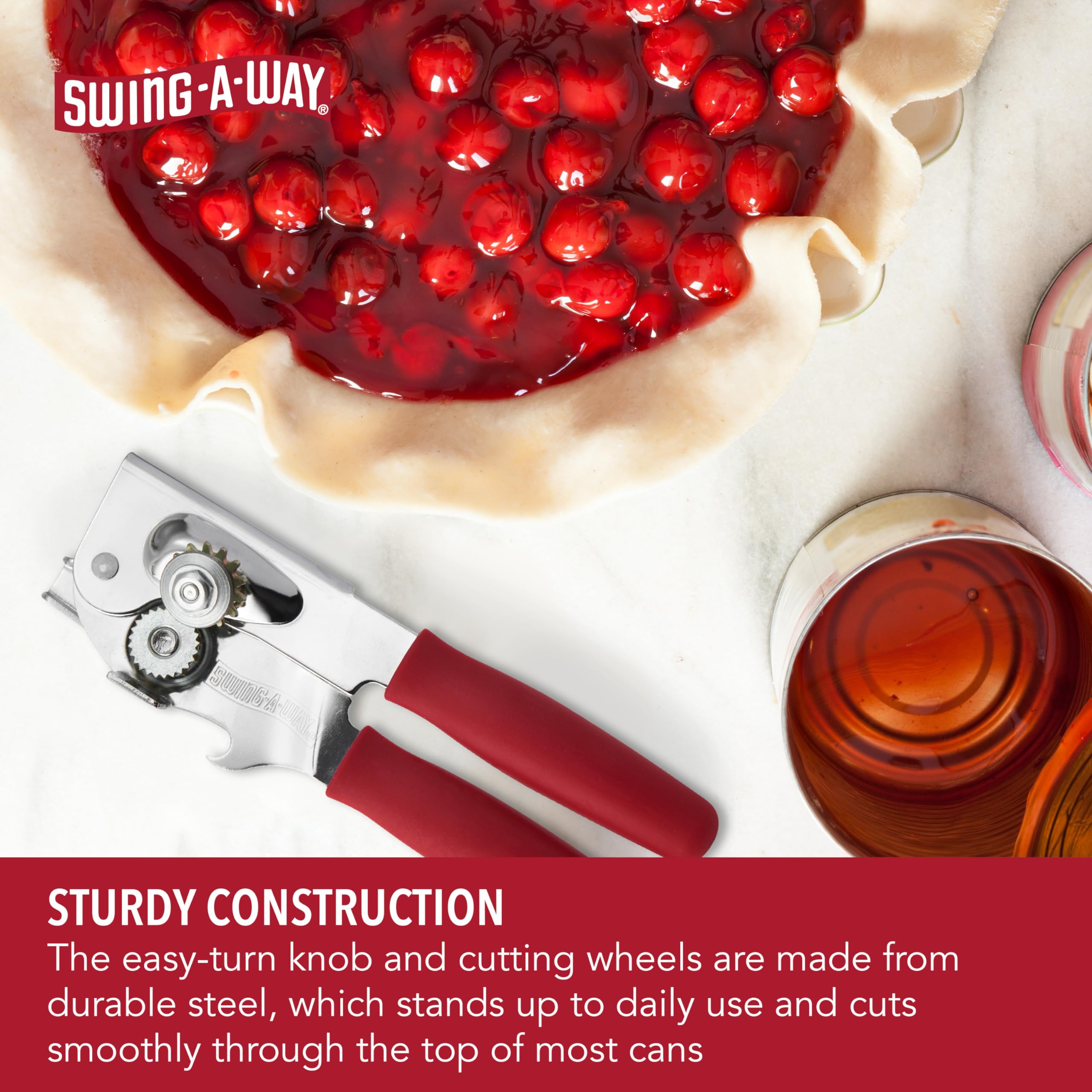 Swing-A-Way easy-turn knob enables smooth operation on cans of any size.