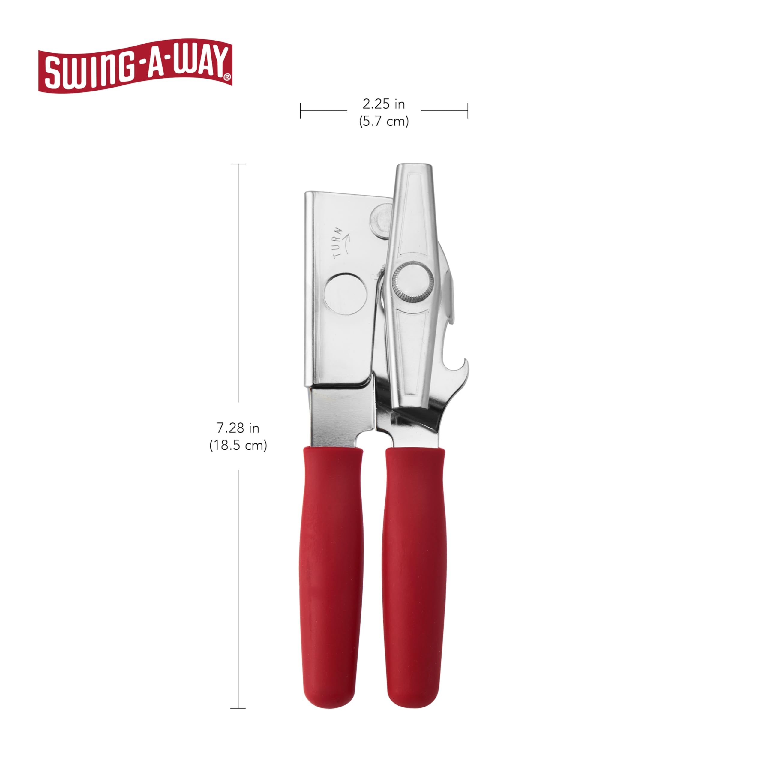 Swing-A-Way ergonomic grip opener highlights soft handles for comfortable operation.