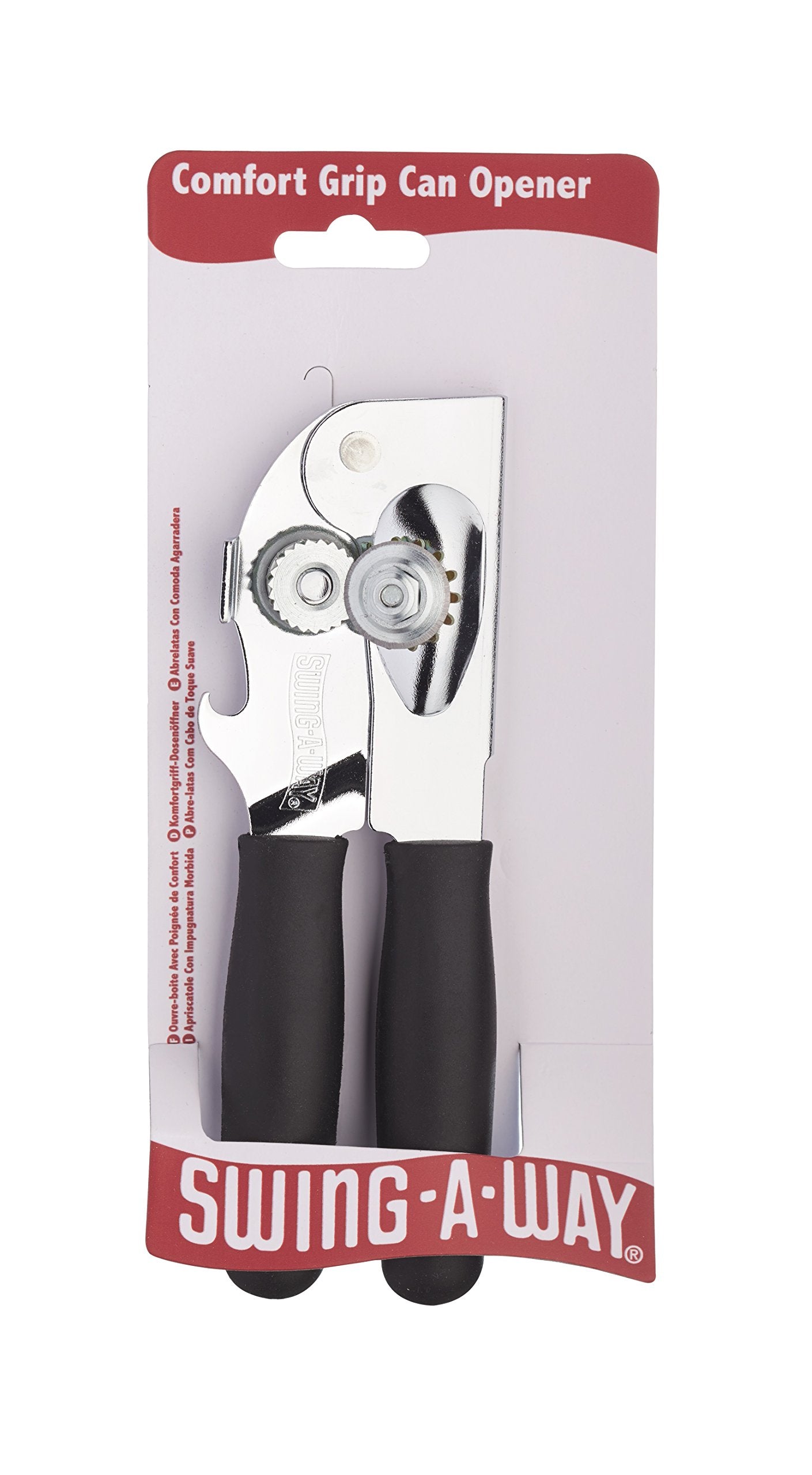 Swing-A-Way heavy-duty can opener gear-driven cutting wheel closeup, ideal for dented cans.