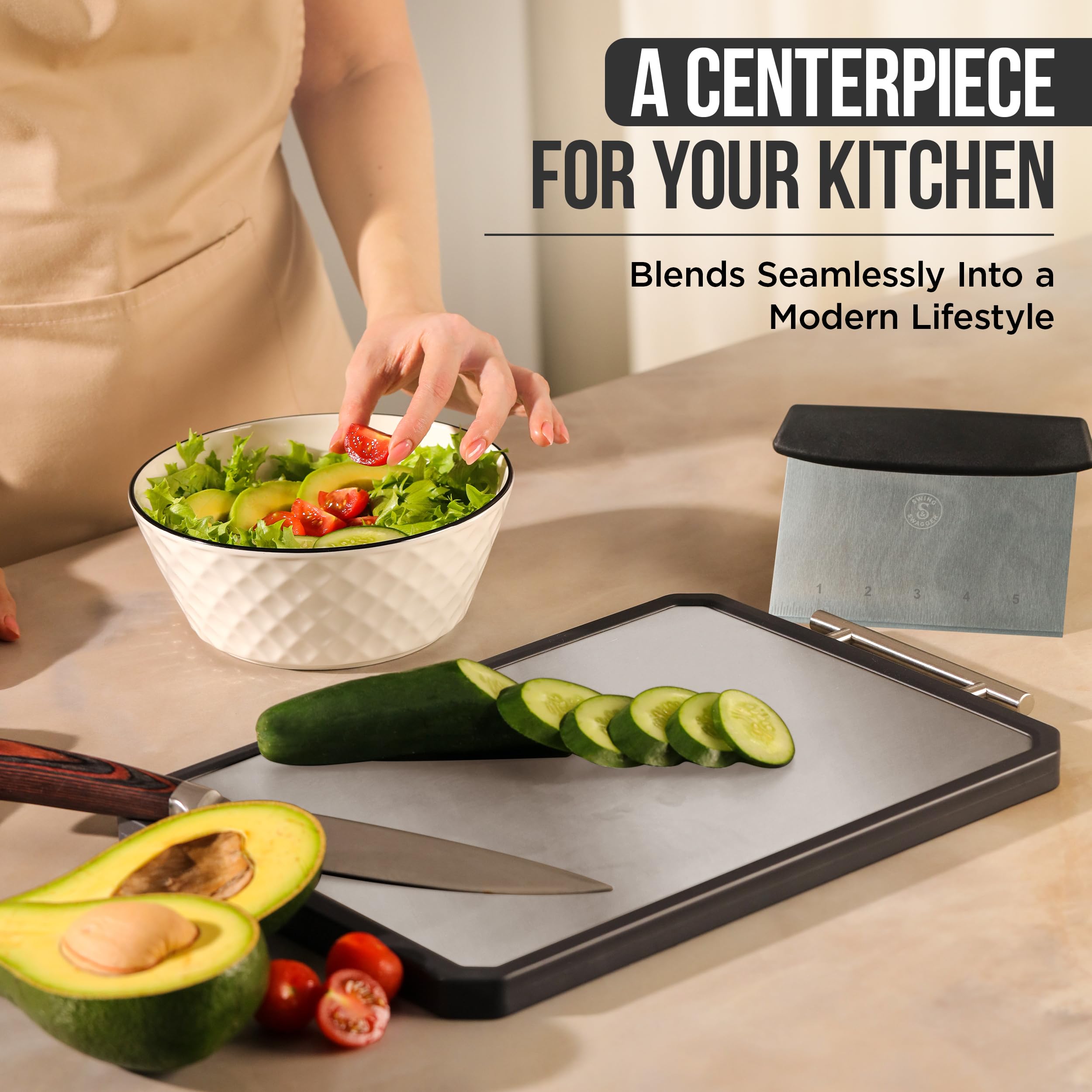 Swing Swagger titanium meat side offers a sturdy surface for raw and cooked proteins.