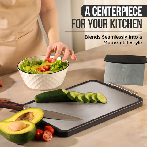 Swing Swagger titanium meat side offers a sturdy surface for raw and cooked proteins.