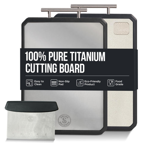 Swing Swagger titanium cutting board with dual sides for meat and produce, enhancing kitchen efficiency.