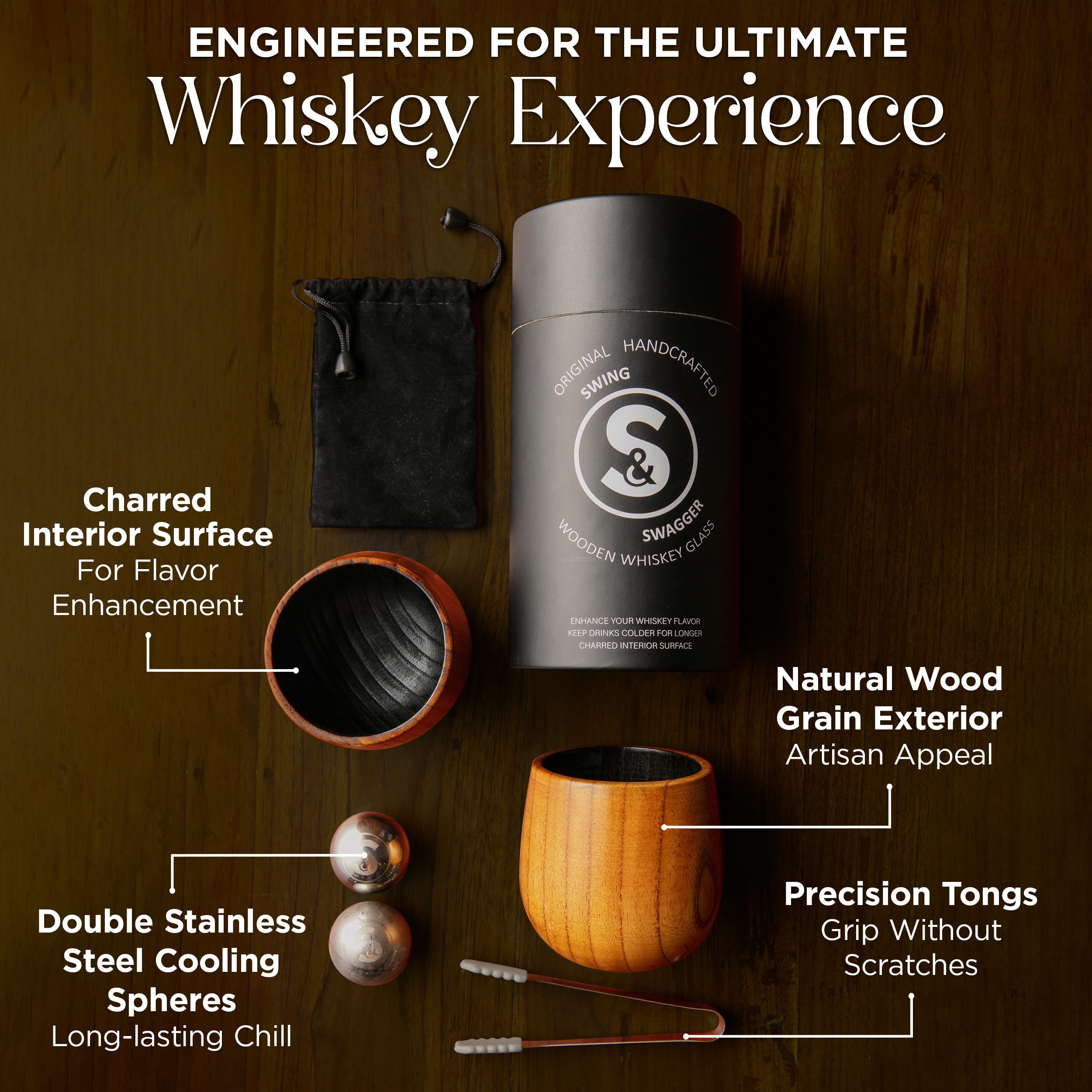 Swing and Swagger two-pack wood glass set shown for premium tasting.