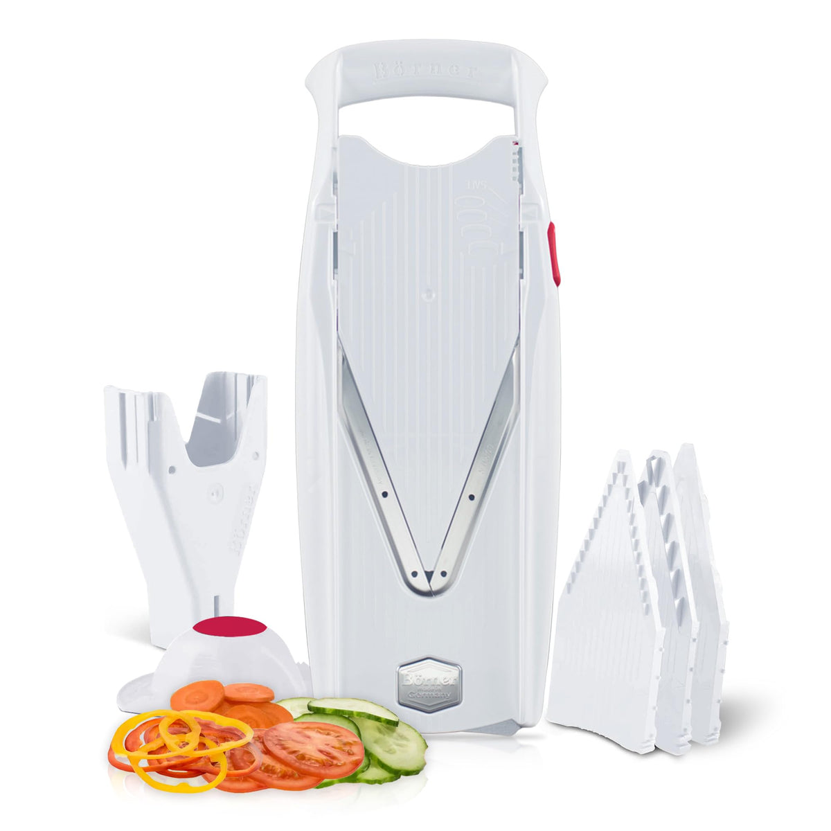 Swissmar Börner VPower V-Slicer Mandoline front view highlights professional grade slices