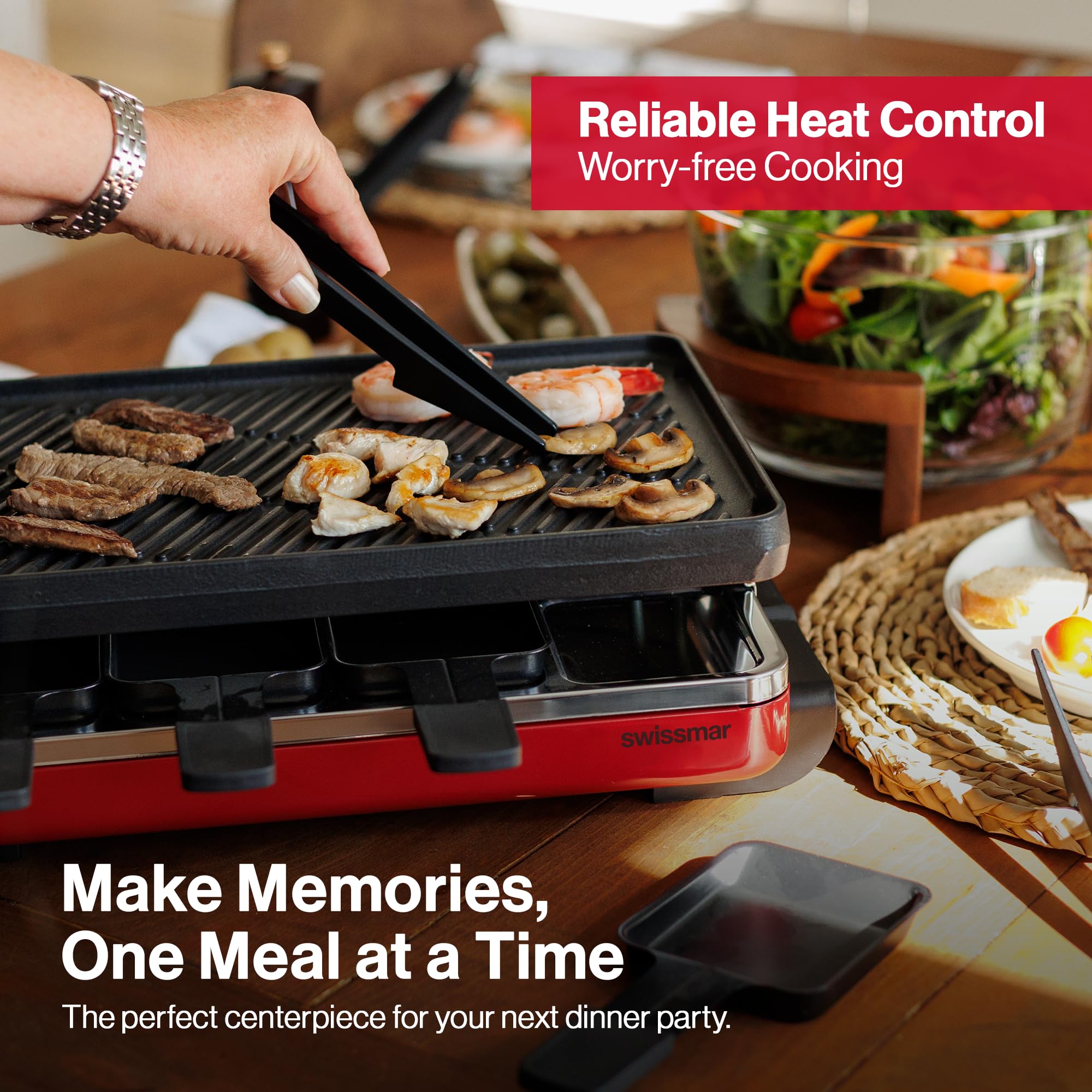 Swissmar Classic 1200-watt power provides quick, consistent heating for cheese and grill.