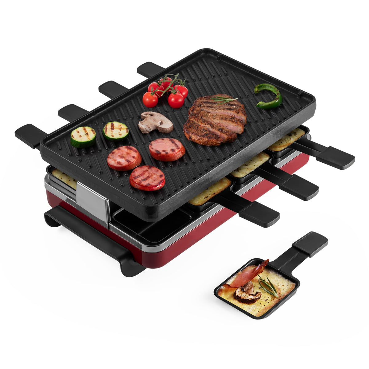 Swissmar Classic grill top allows table-side cooking for meats and vegetables.