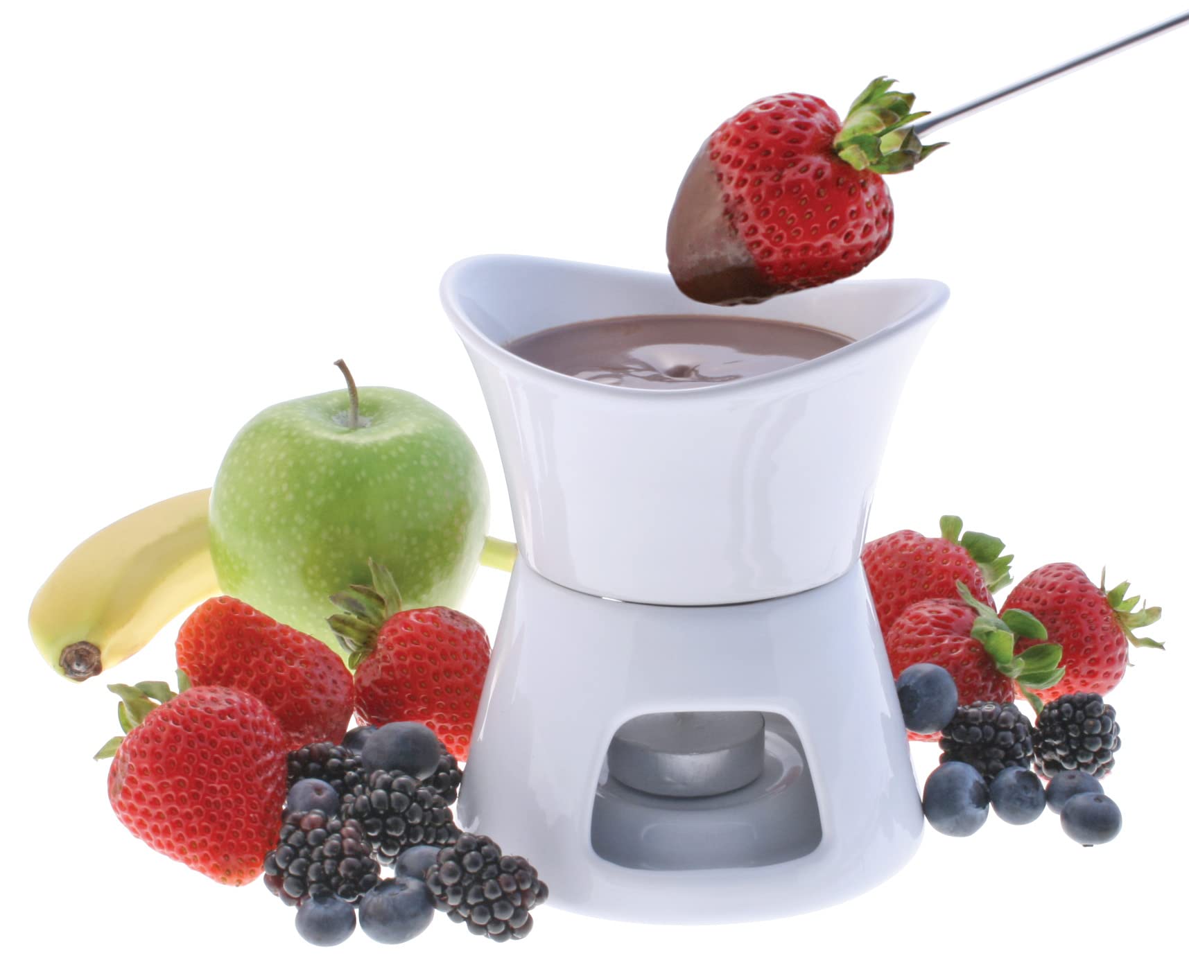 Swissmar Glow white ceramic bowl highlights chocolate, cheese, and dips.