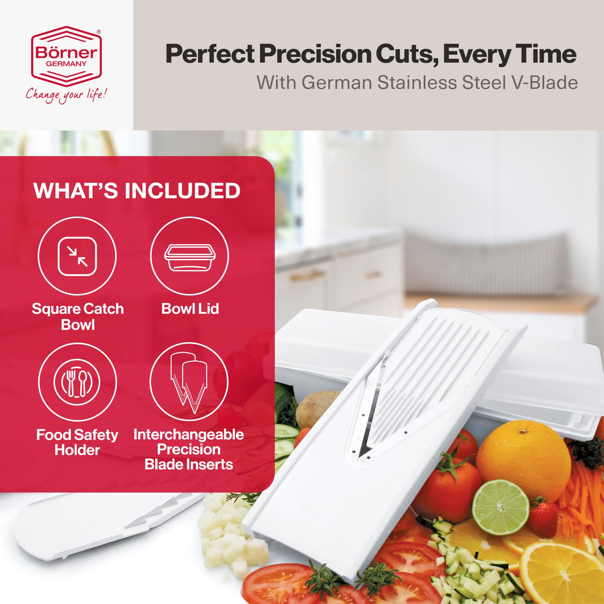 Swissmar V-Prep Safety Holder at 45-degree angle for secure slicing