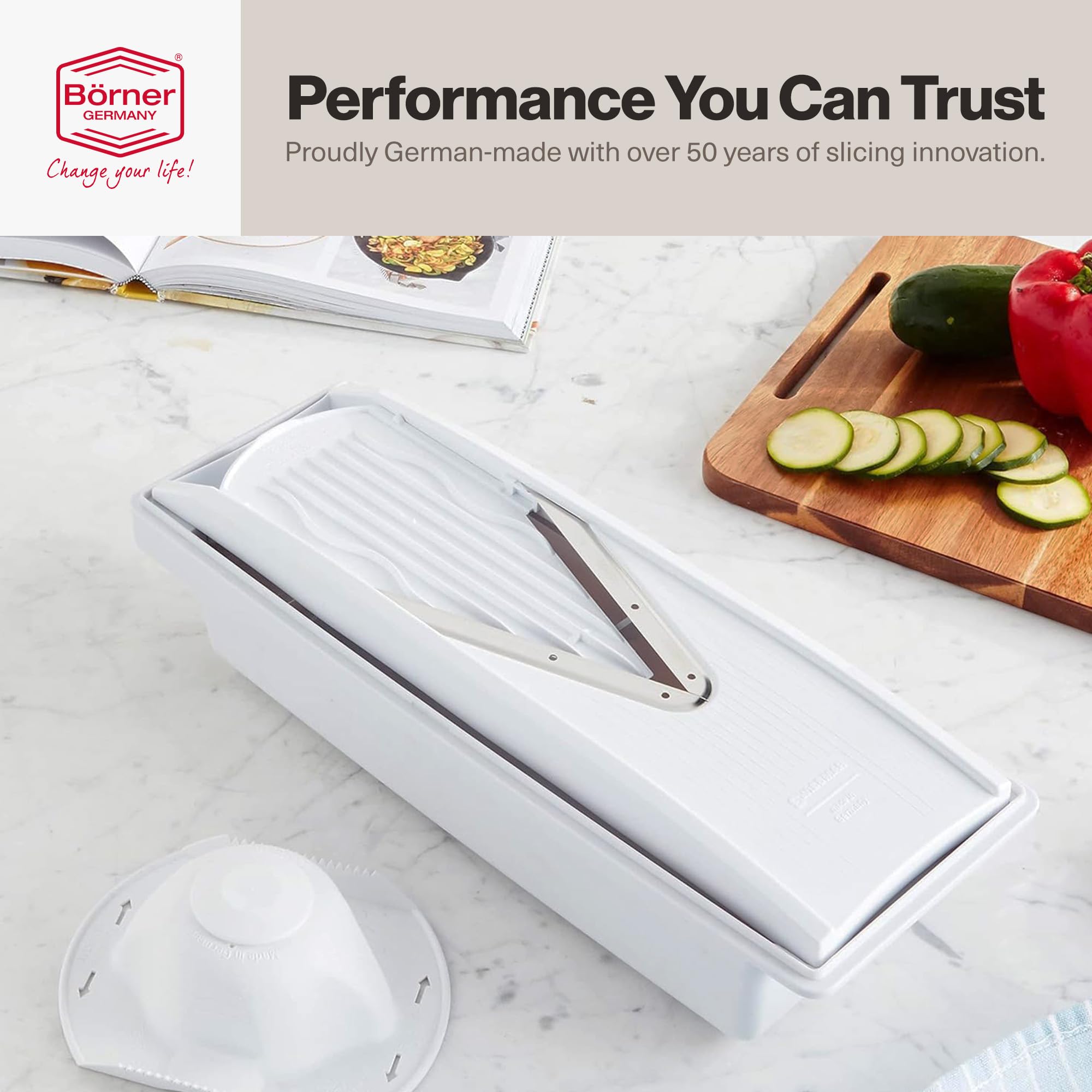Swissmar V-Prep Slicer in use on a counter for mess-free prep