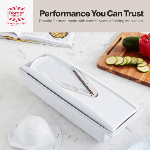 Swissmar V-Prep Slicer in use on a counter for mess-free prep