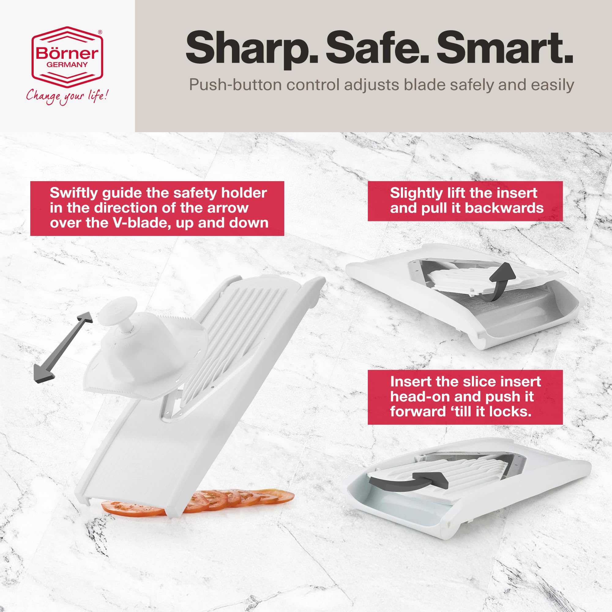 Swissmar V-Prep Slicer slicing tomatoes and carrots for salads and garnishes