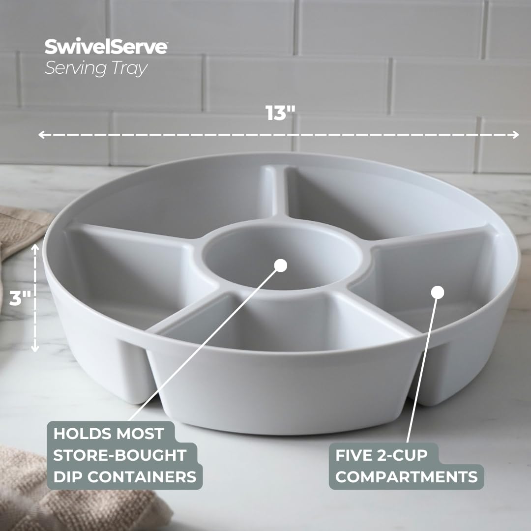 SwivelServe six-compartment layout keeps snacks and dips neatly separated