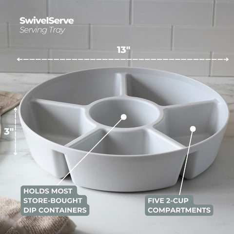 SwivelServe six-compartment layout keeps snacks and dips neatly separated