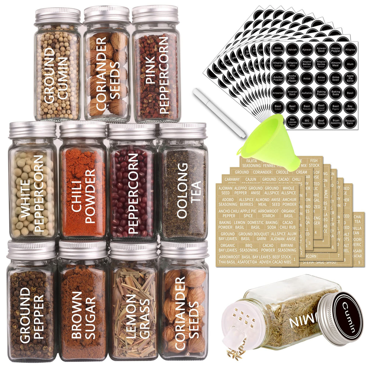 SWOMMOLY 36-glass spice jars with clear glass and tight lids for freshness.