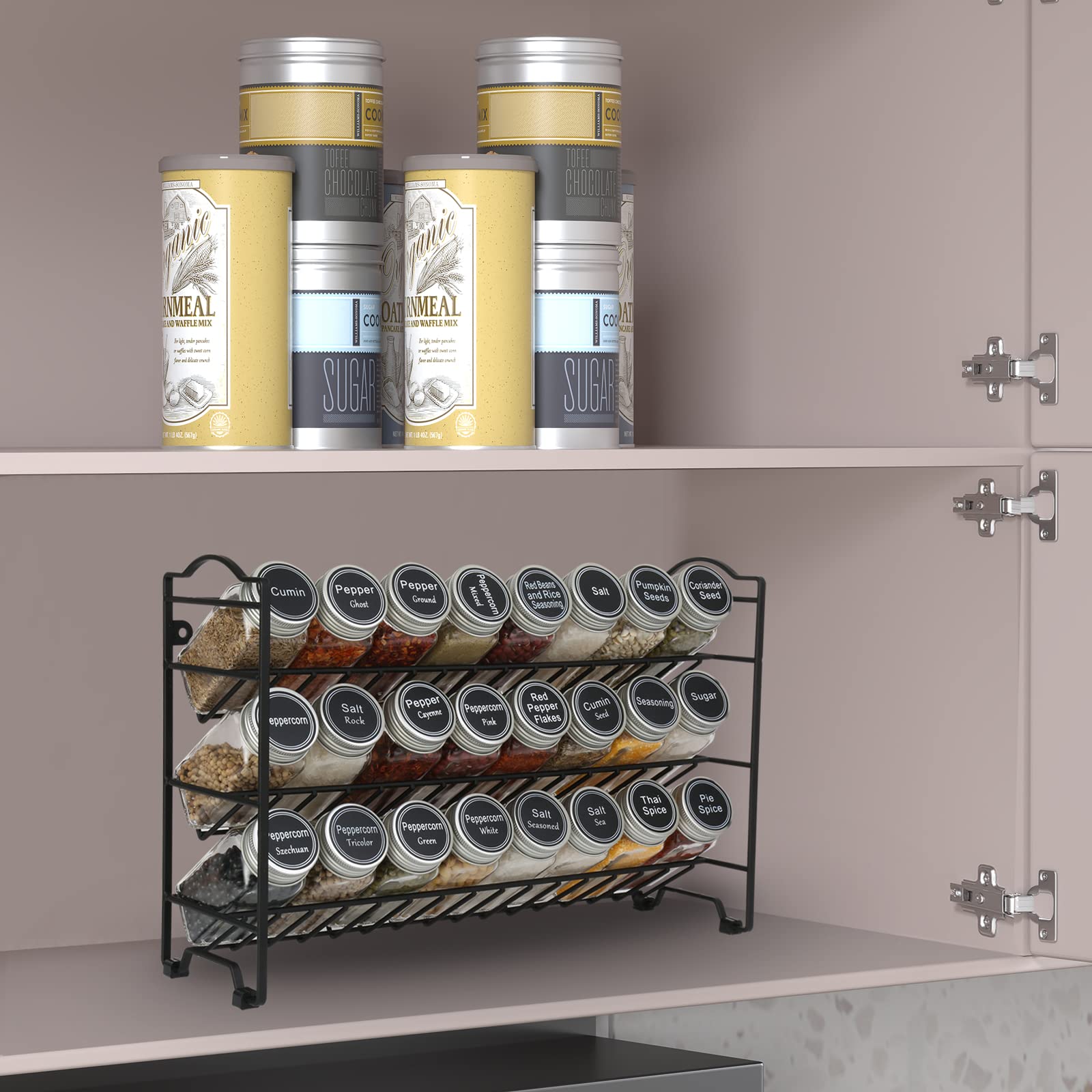 SWOMMOLY glass spice jars closeup highlights lead-free glass and airtight lids.
