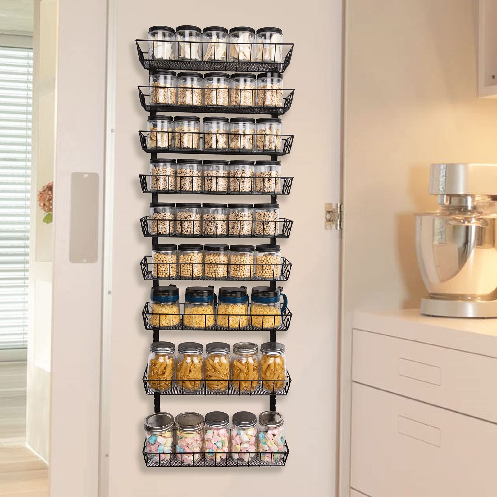 SWOMMOLY height-adjustable shelves optimize spacing for tall jars and bottles