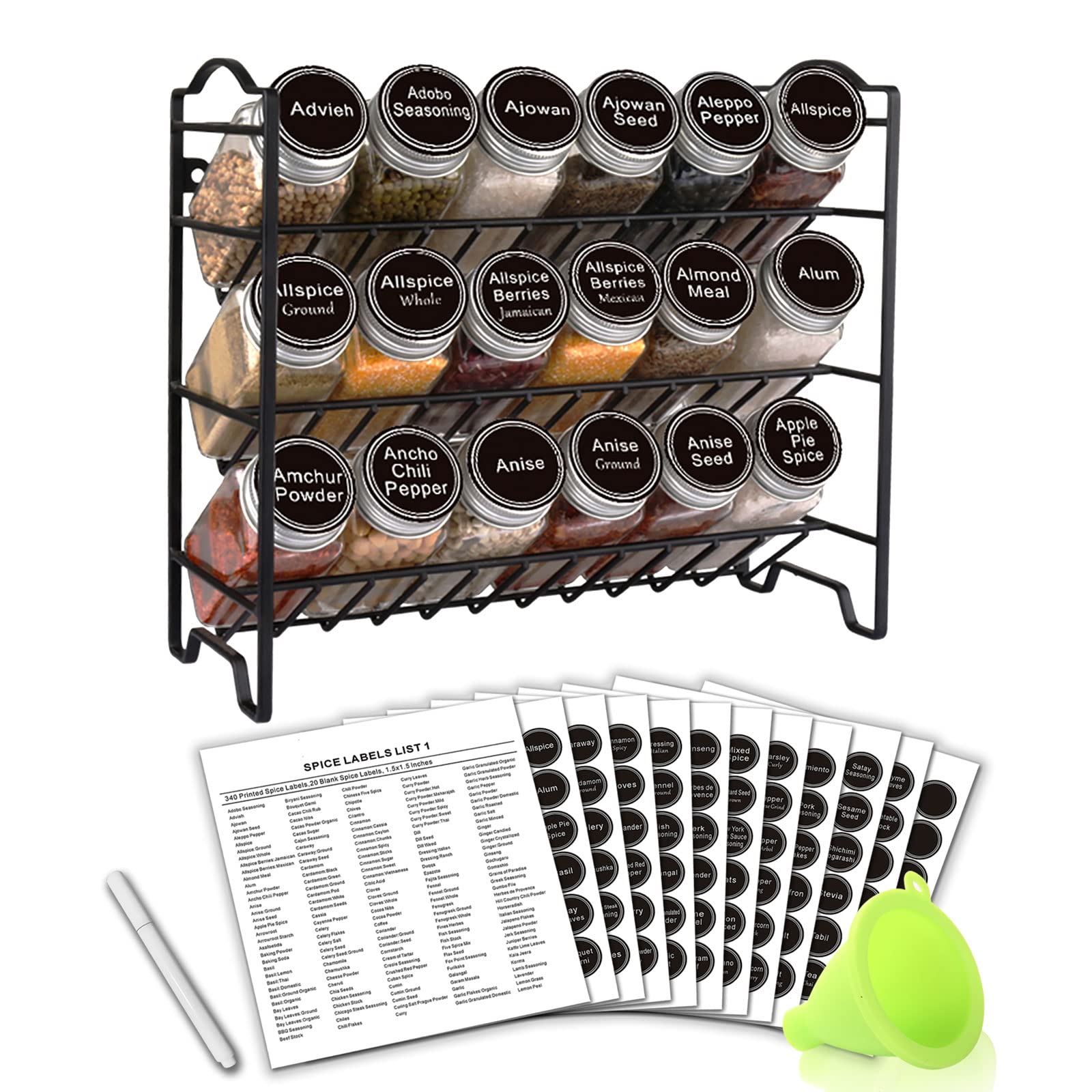 SWOMMOLY spice rack with 18 glass bottles keeps pantry spices organized on the counter.