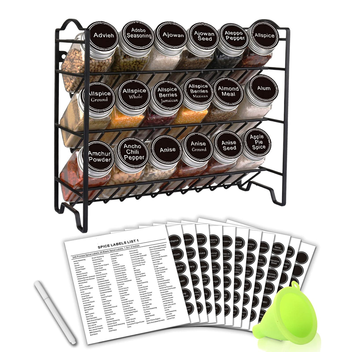 SWOMMOLY spice rack with 18 glass bottles keeps pantry spices organized on the counter.