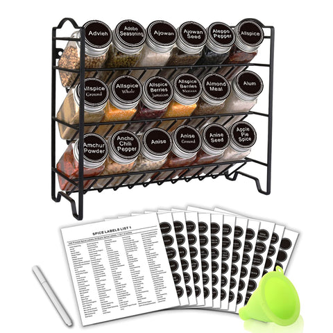 SWOMMOLY spice rack with 18 glass bottles keeps pantry spices organized on the counter.