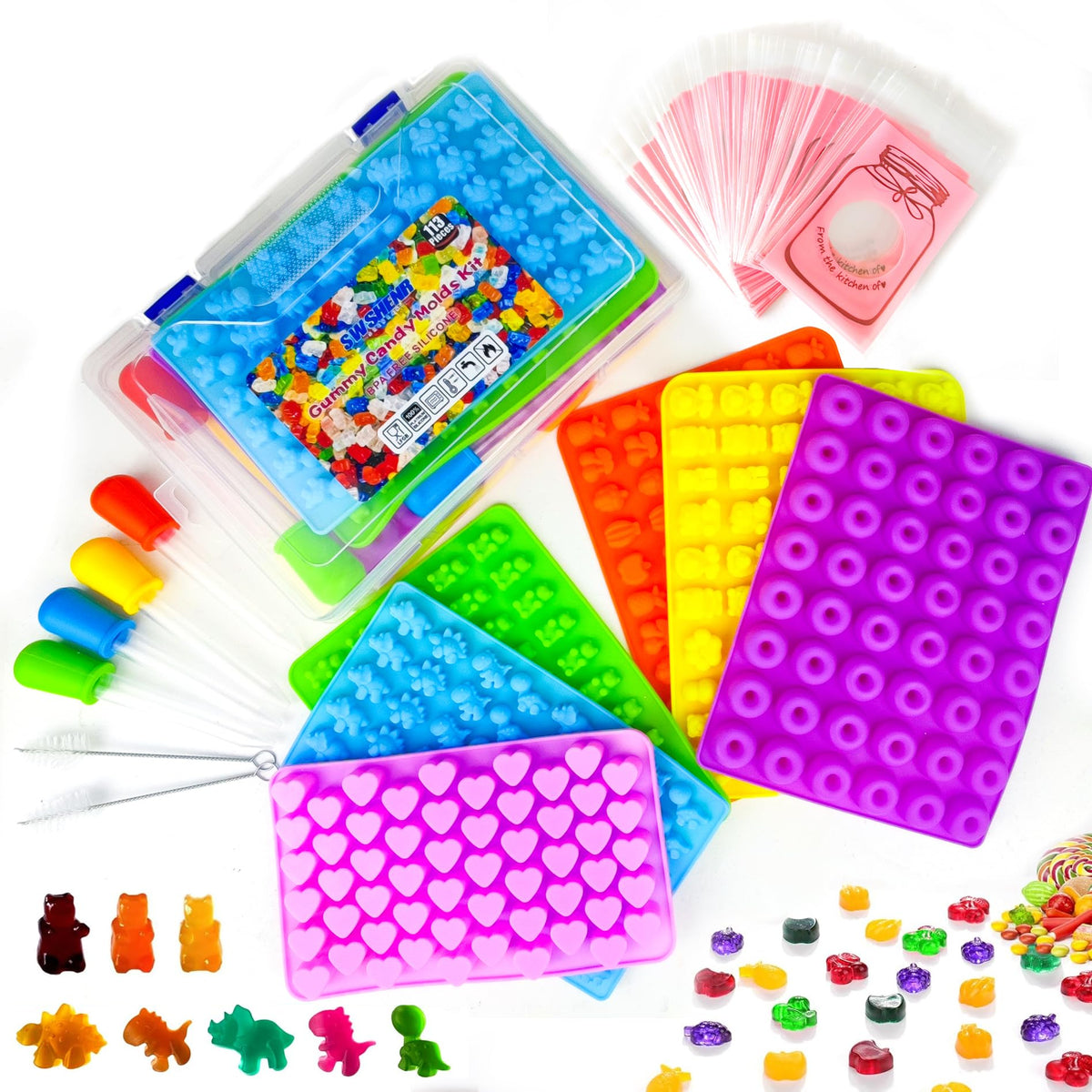 SWSHENR 112-piece mega gummy molds kit with storage box for organized candy making.