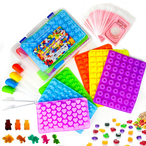 SWSHENR 112-piece mega gummy molds kit with storage box for organized candy making.