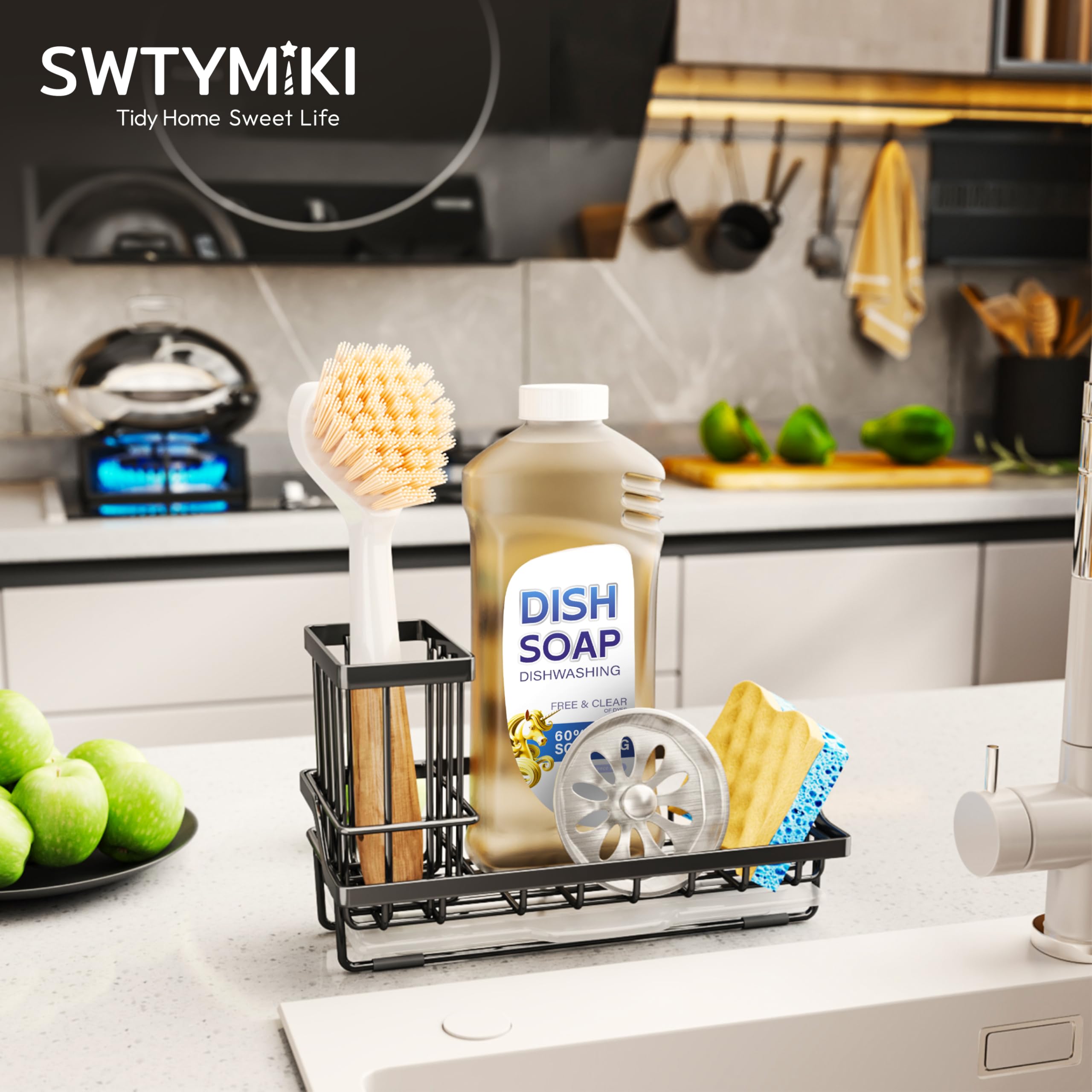 Swtymi sink caddy dish soap organizer reduces counter clutter.