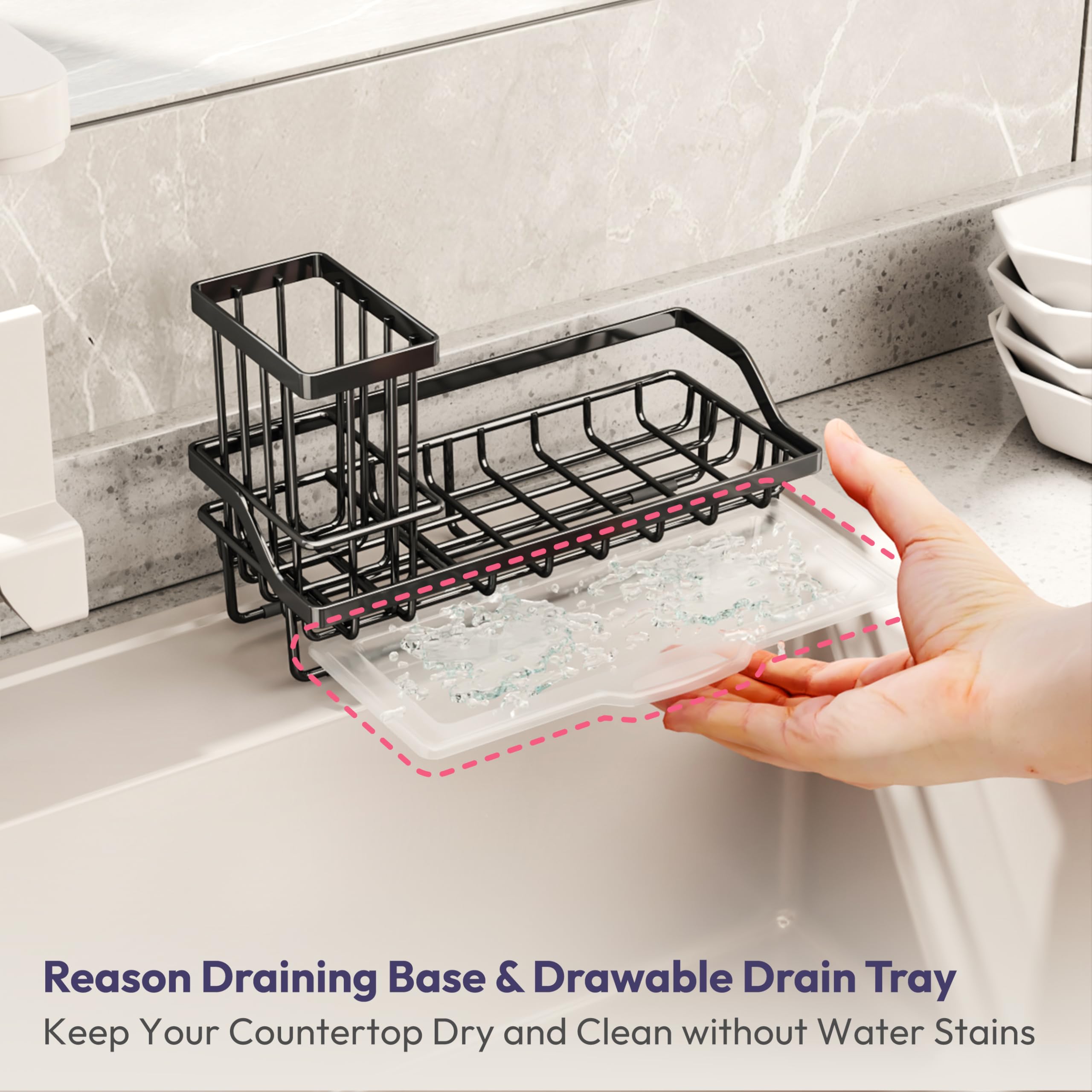Swtymi sink caddy with removable drip tray catches water effectively.