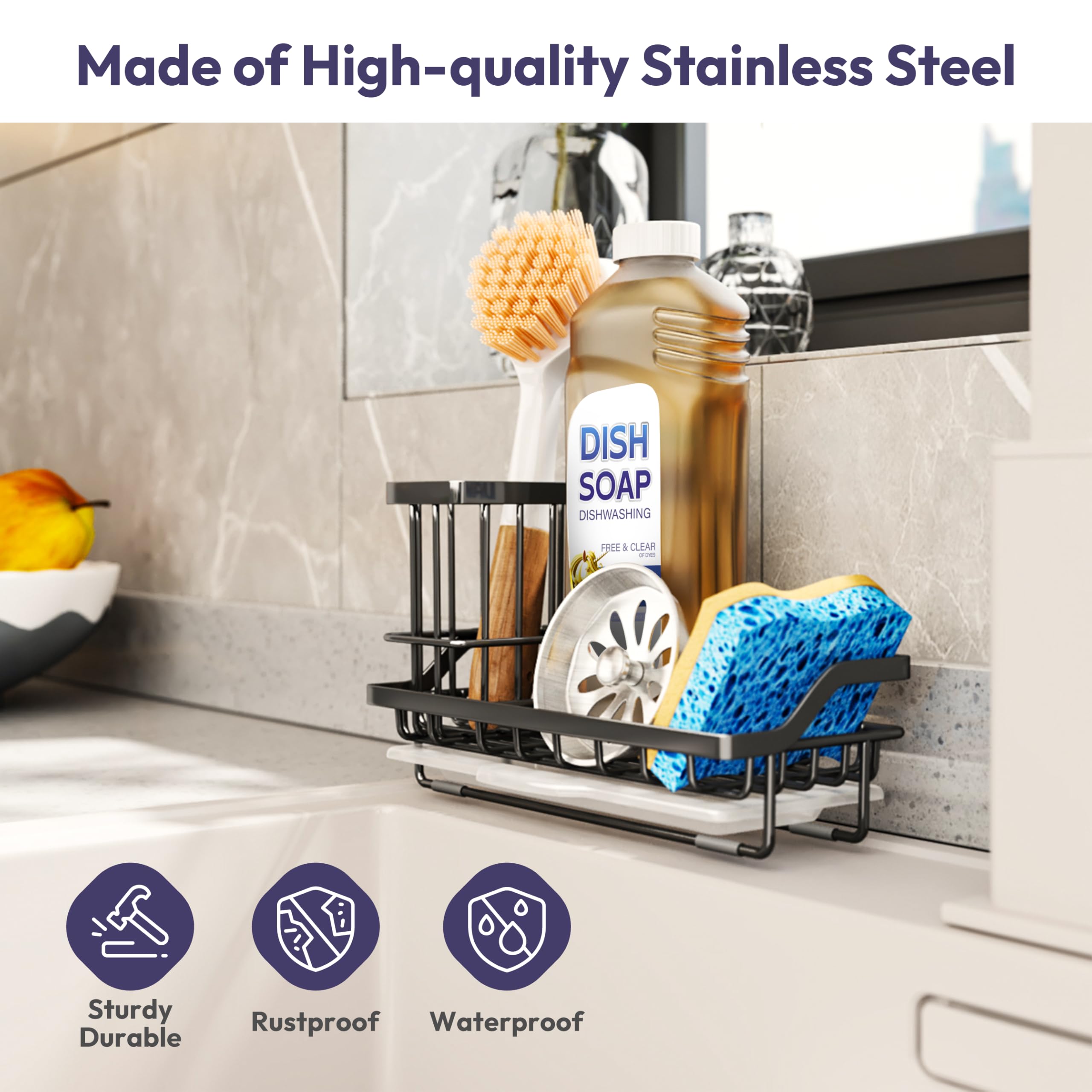 Swtymi sink caddy holds sponges on counter for quick drying and easy access.