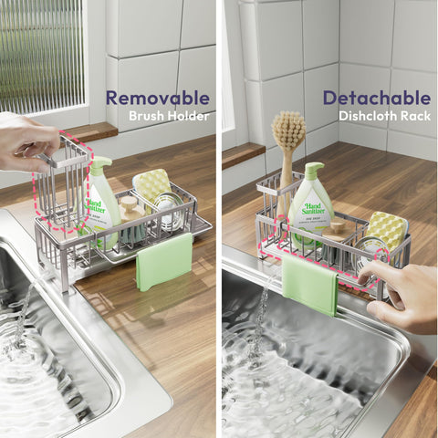 SWTYMIKI sponge holder with divider stores sponge and soap bottles in separate compartments.