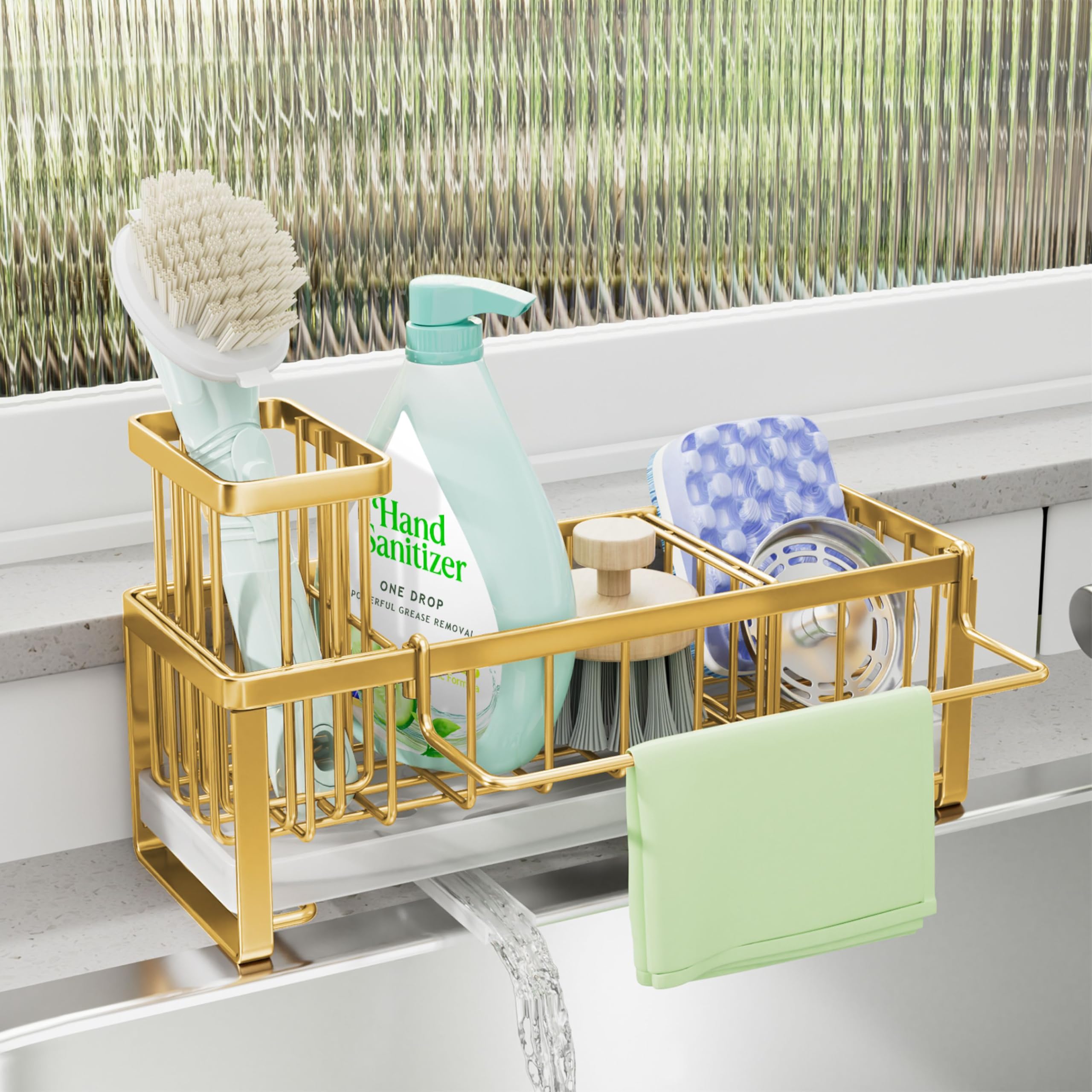 SWTYMIKI sponge holder beside the sink with towel bar for quick drying.