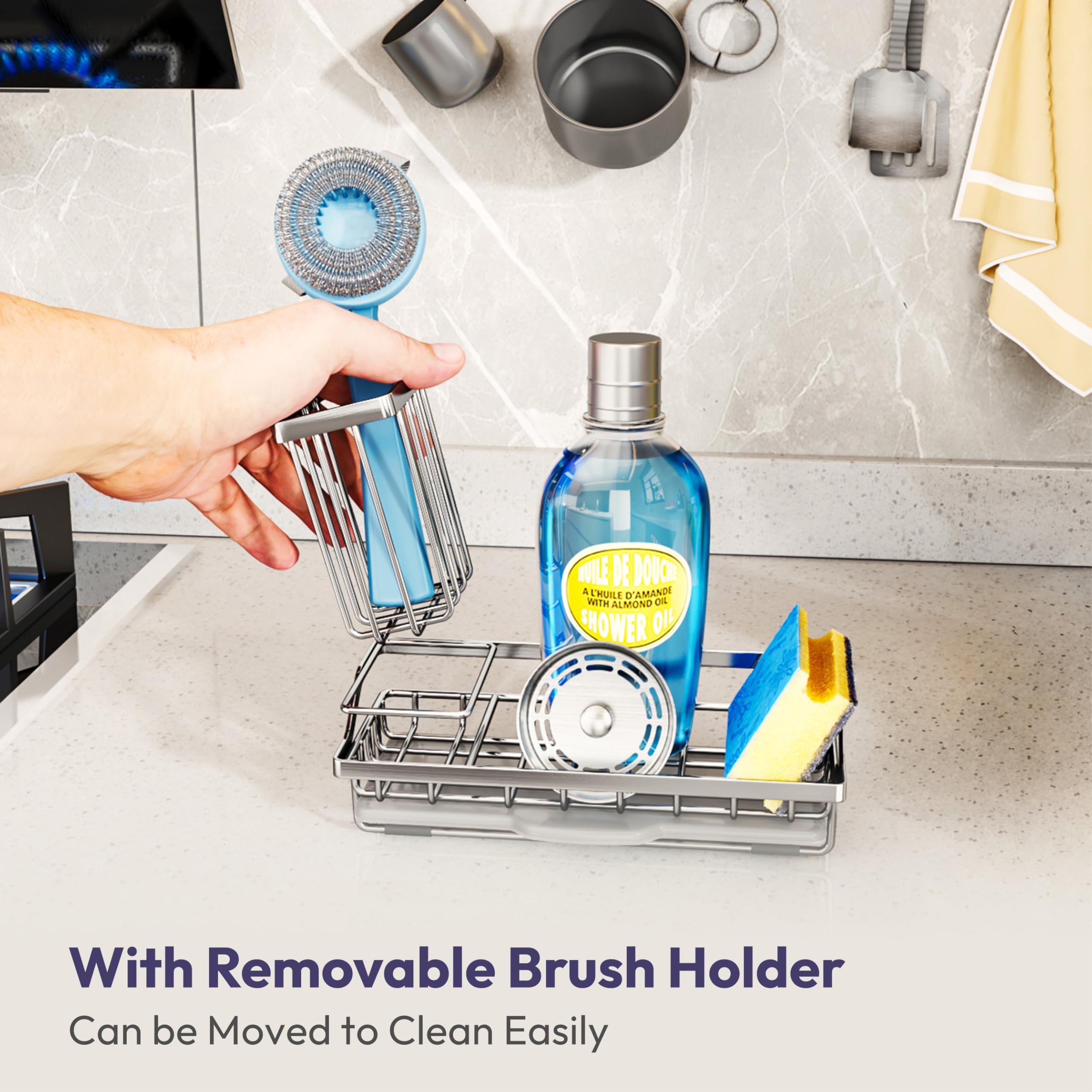SWTYMIKI brush holder and sponge rack reduces clutter around the sink.