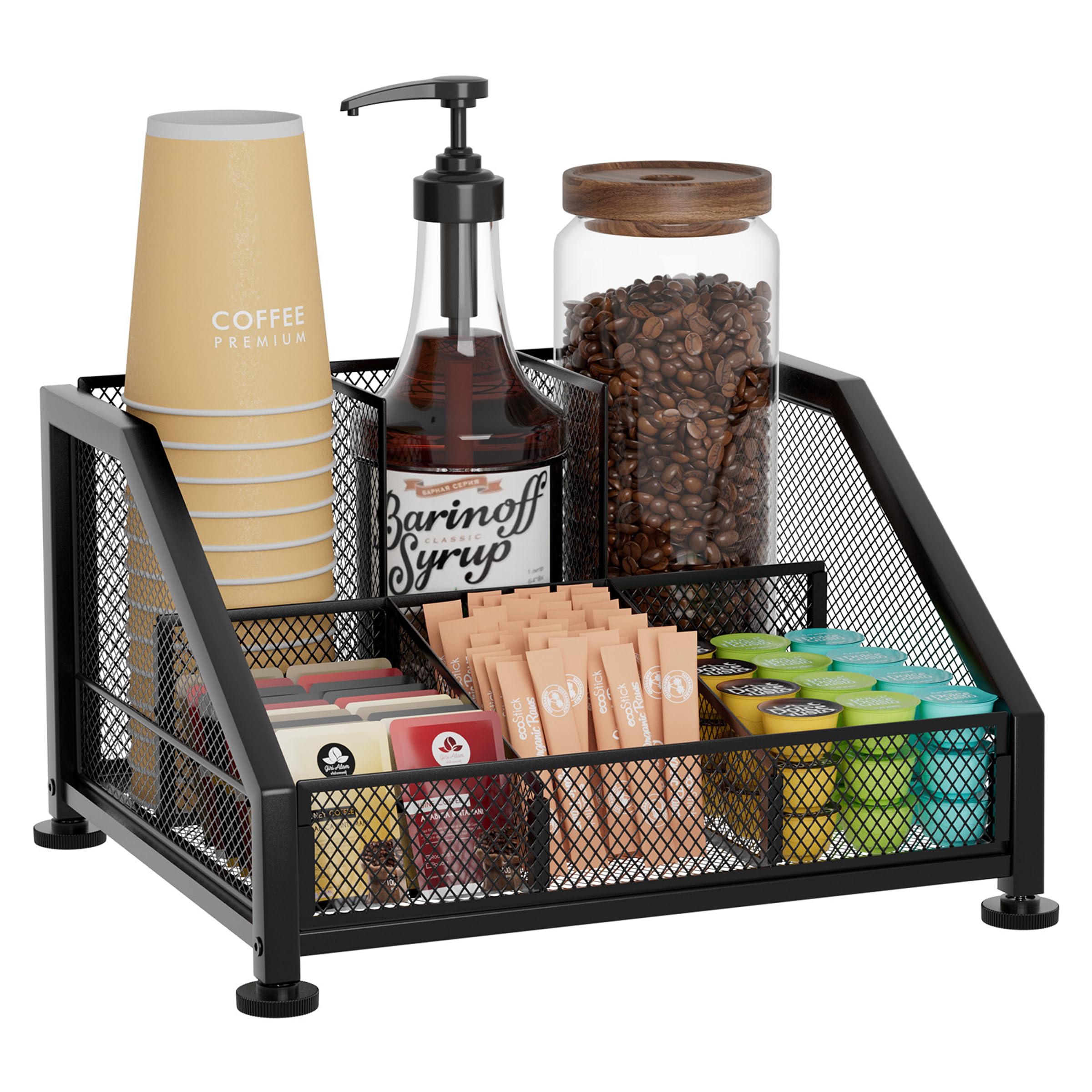 SWTYMIKI Coffee Bar Organizer on a countertop showing space-saving design for pods and cups.