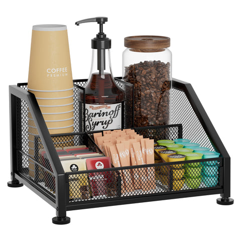 SWTYMIKI Coffee Bar Organizer on a countertop showing space-saving design for pods and cups.