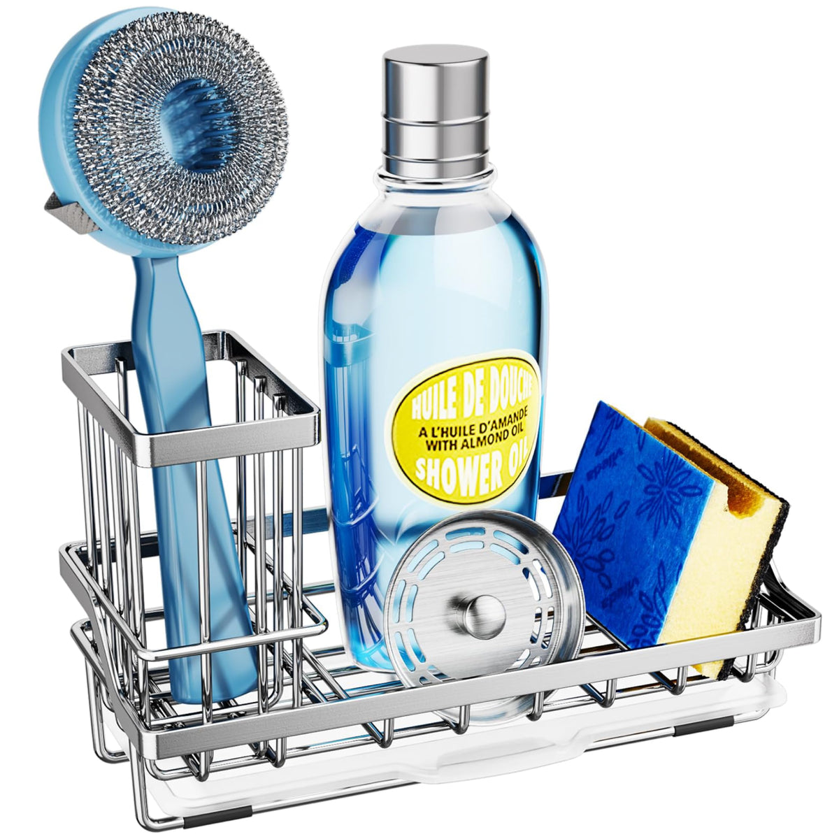 SWTYMIKI kitchen sink caddy with drip tray keeps countertops dry and tidy.