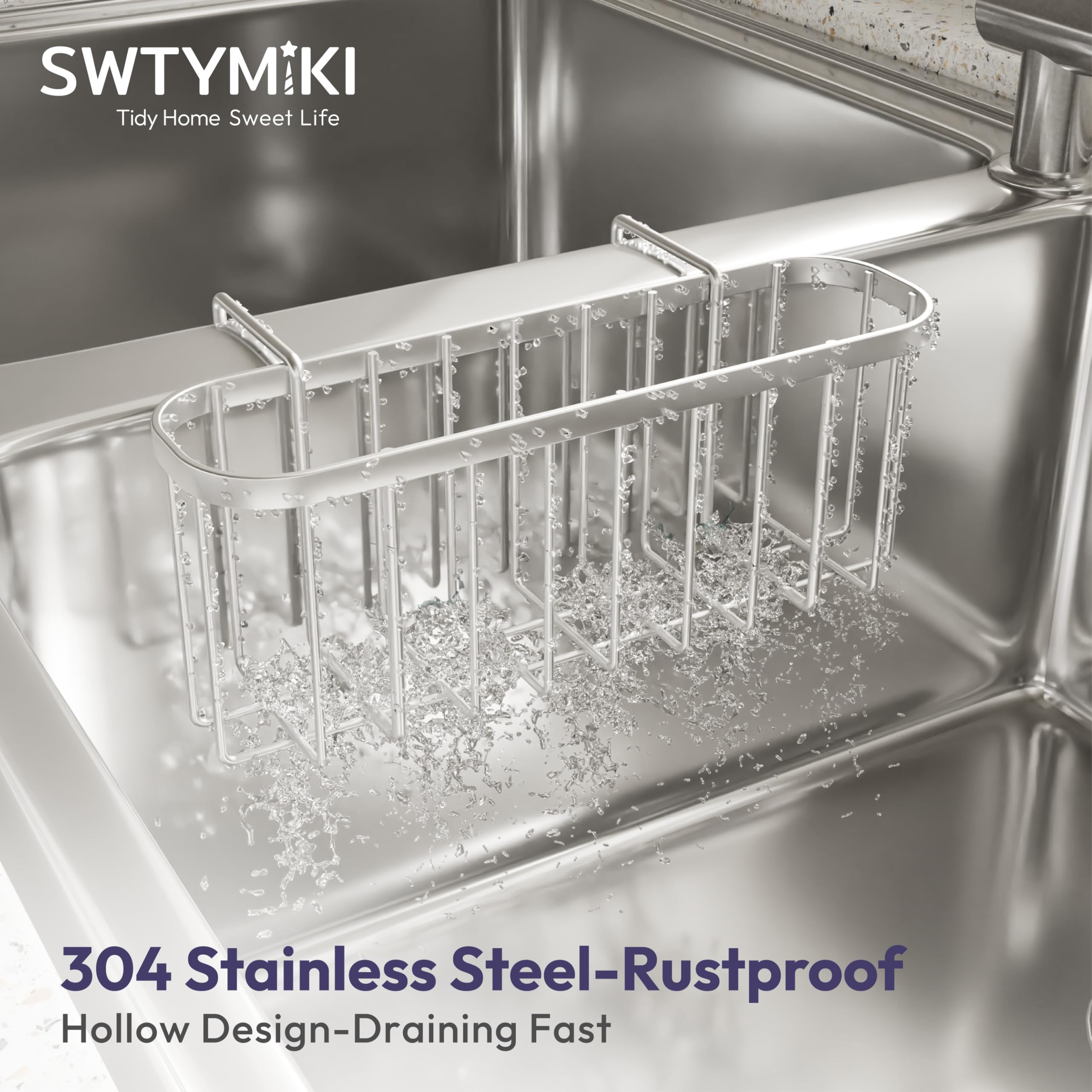 SWTYMIKI large-capacity rack holds sponges and brushes near the sink.