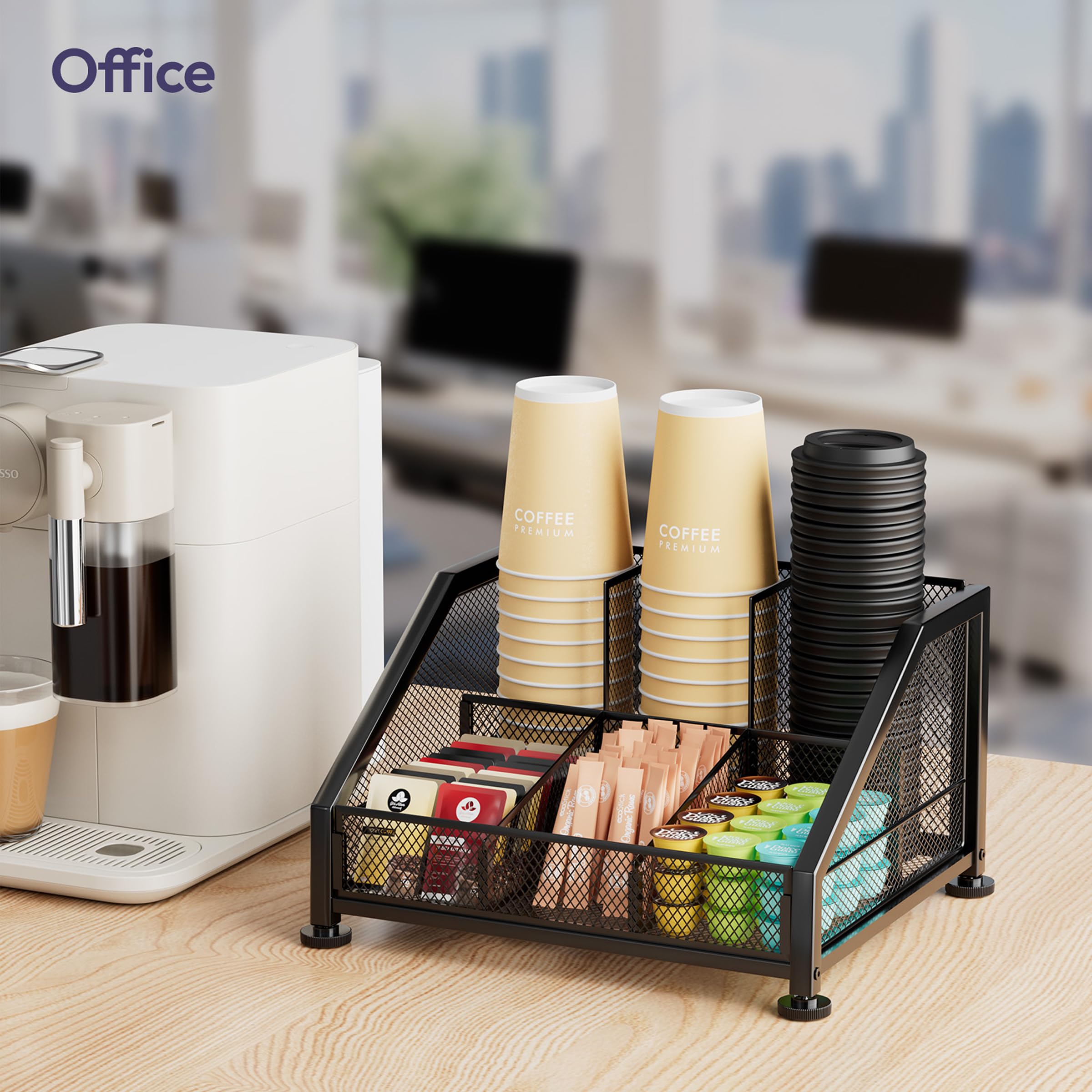 SWTYMIKI tiered shelves organize the coffee station for quick, easy access.