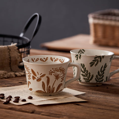 Swuut plant-themed mugs with botanical illustrations add rustic charm to coffee
