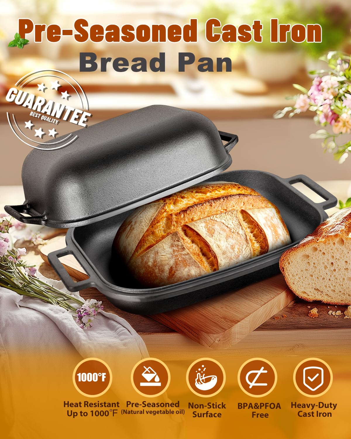 Sxmprail cast-iron bread pan with lid provides even heat for consistent baking