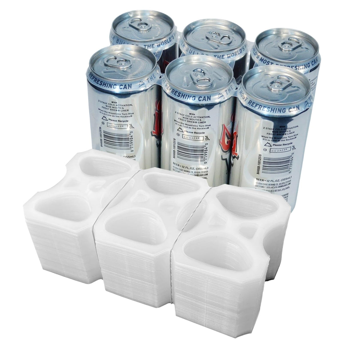 Sxmprail six-pack rings securely encircle a 12 oz can for universal fit