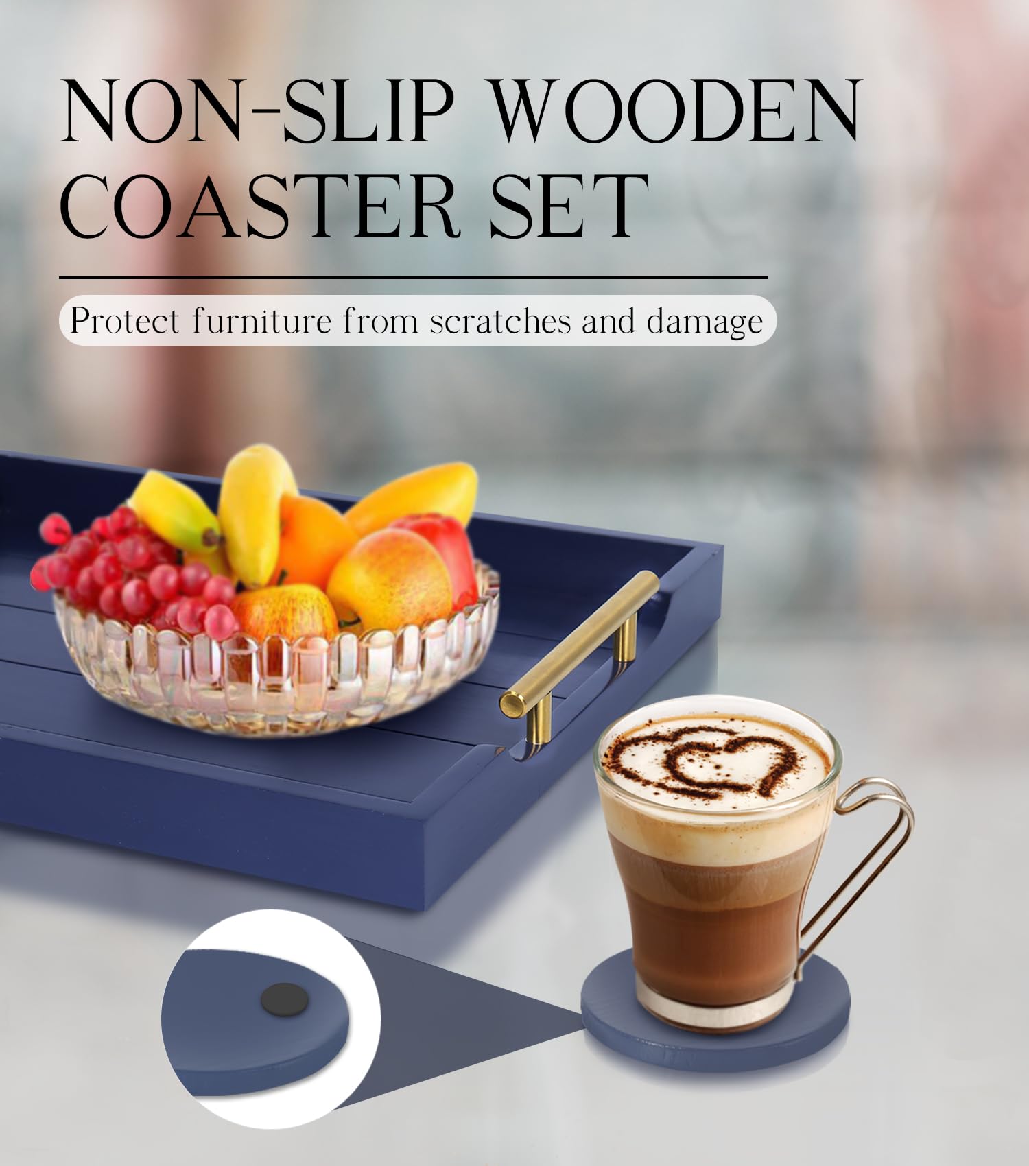 SXNOWS blue deluxe wood tray enhances living room style with practical functionality.