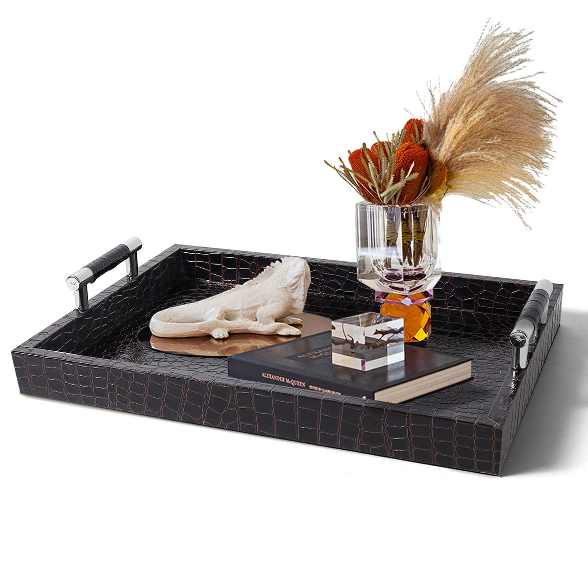 SXNOWS faux leather tray rectangle with handles enhances ottoman organization and stylish serving.