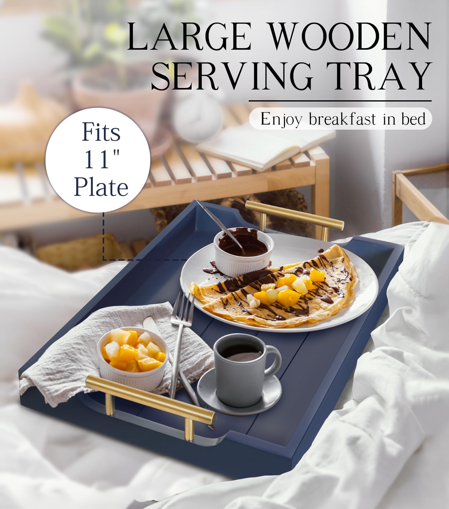 SXNOWS large wood ottoman tray for living rooms supports breakfast in bed and gatherings.