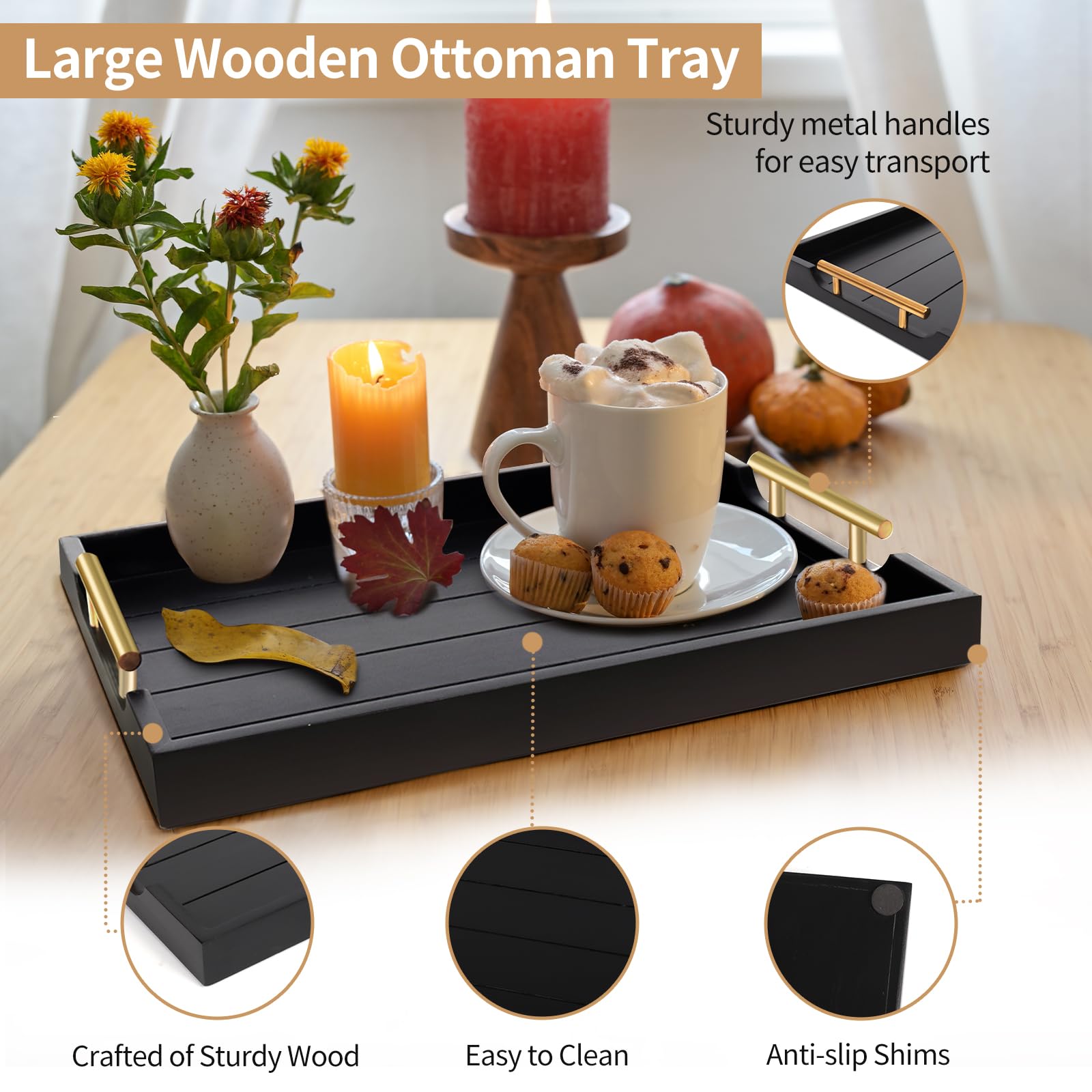 SXNOWS large wooden ottoman tray with two handles for versatility.