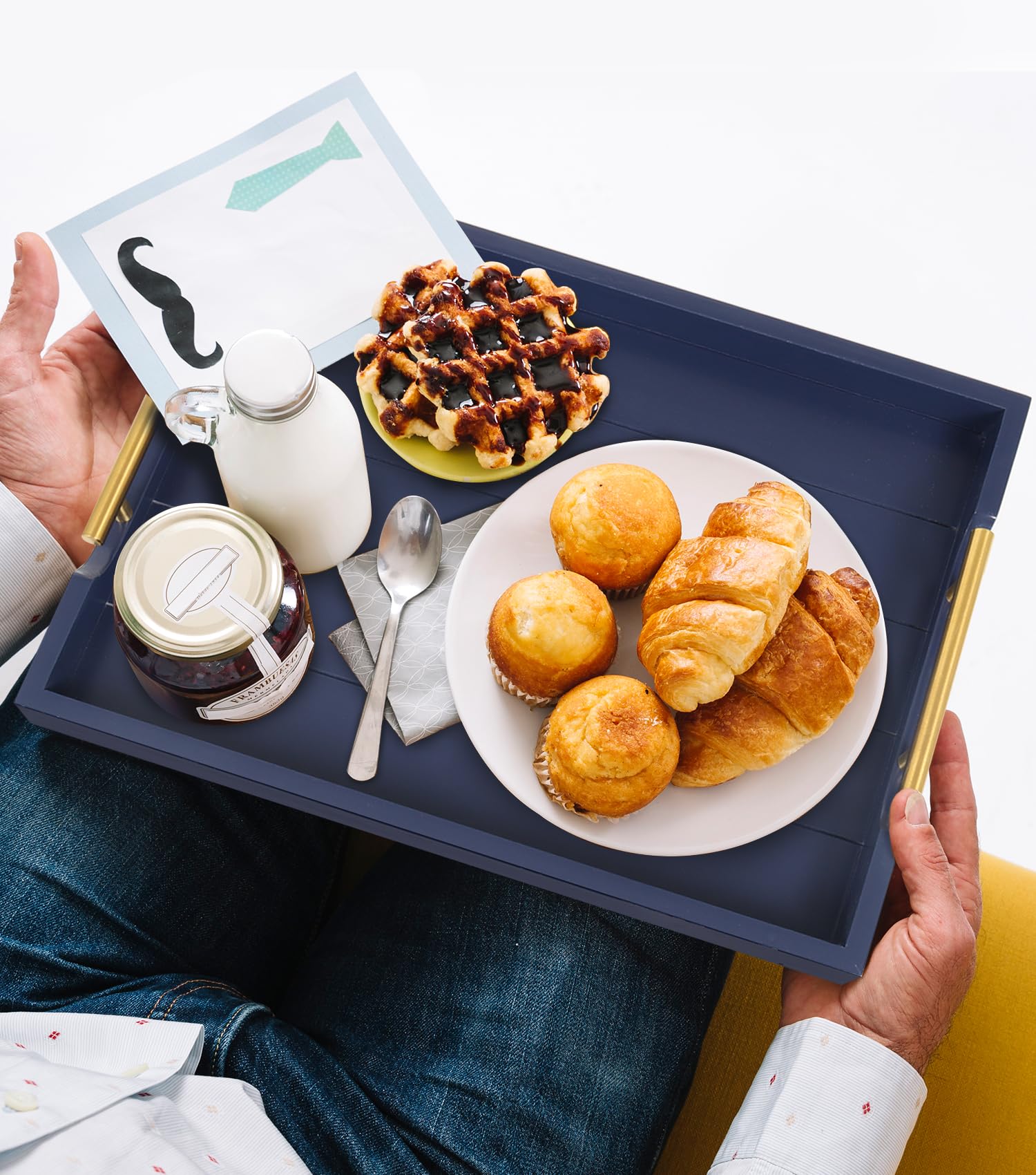 SXNOWS rectangular wood tray provides sturdy flat surface and surface protection.