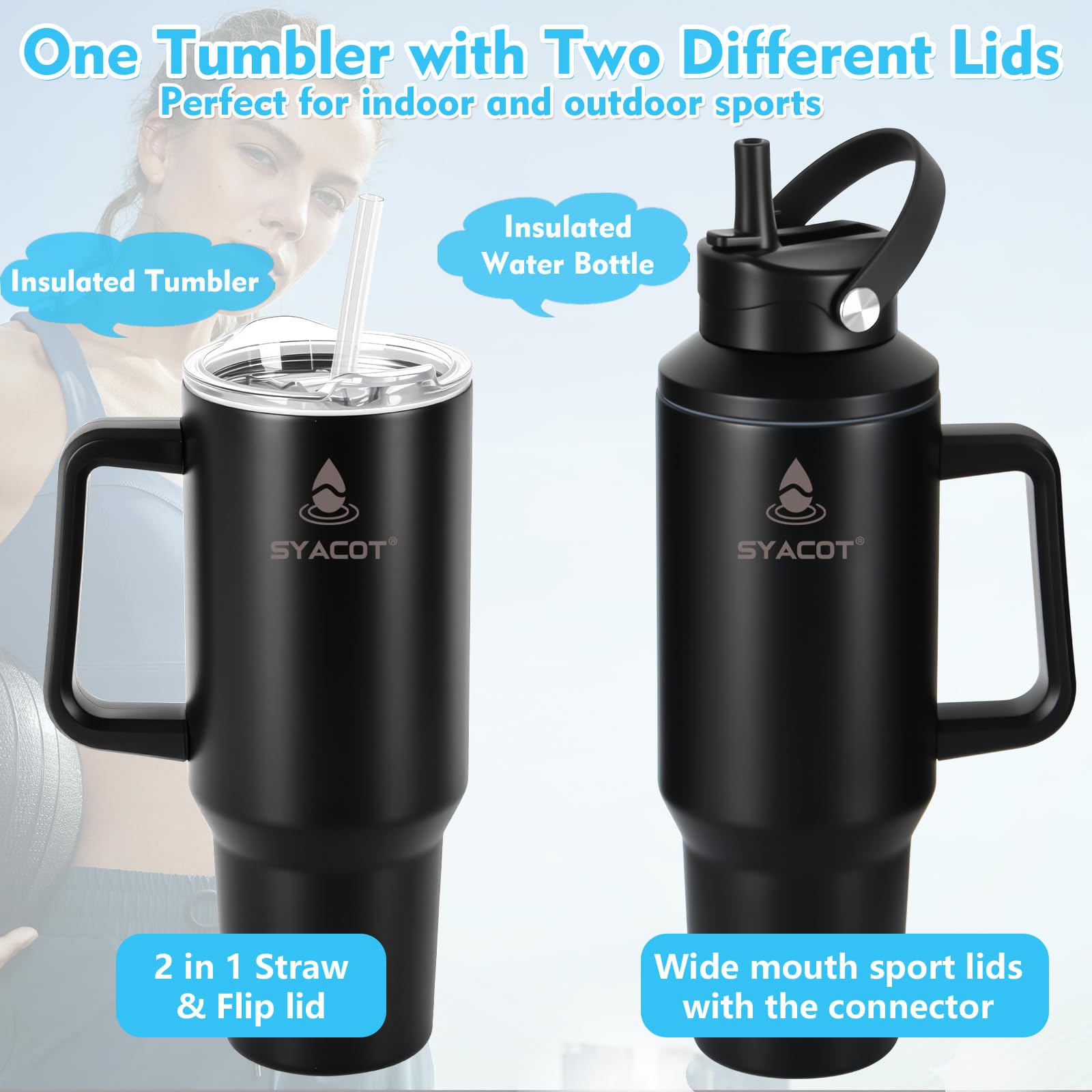 SYACOT 40 oz tumbler with convertible lids for versatile use.