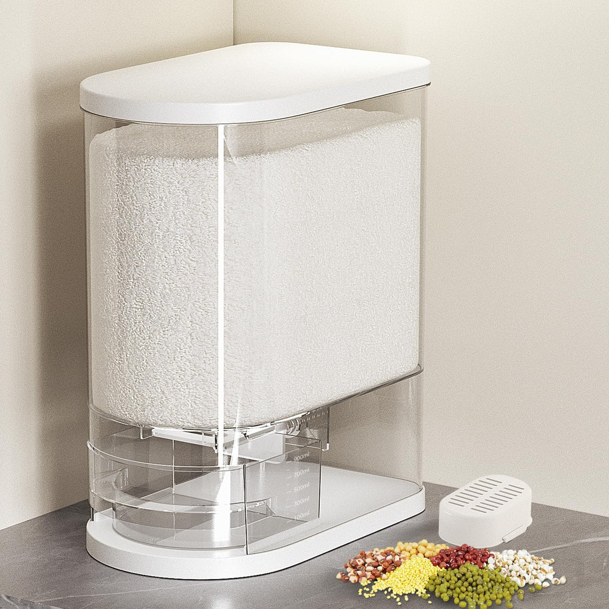 SyncVIBE rice dispenser with embedded sealed lid keeps contents dry and fresh