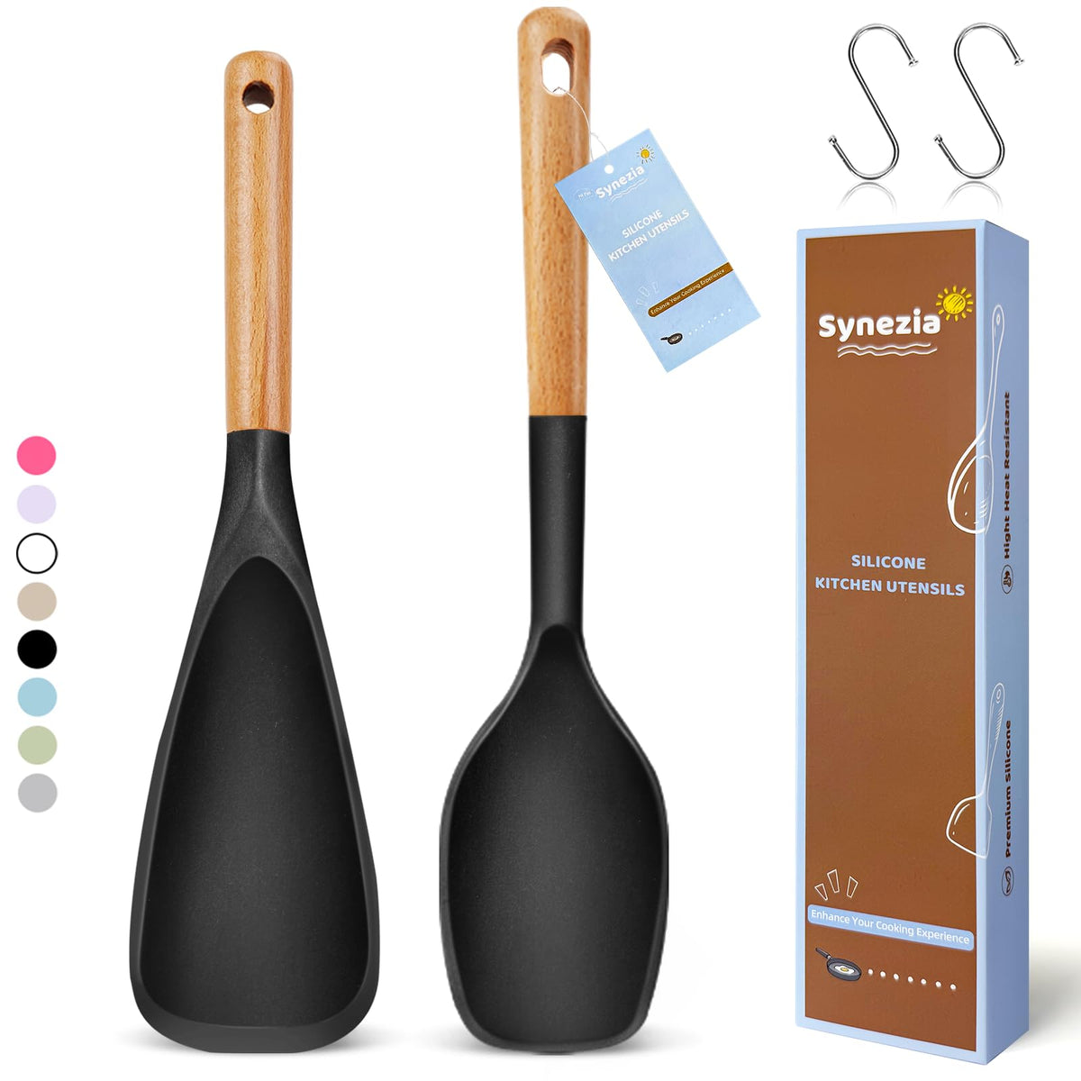 Synezia large silicone spoons set for easy scooping and serving, protects nonstick coatings.