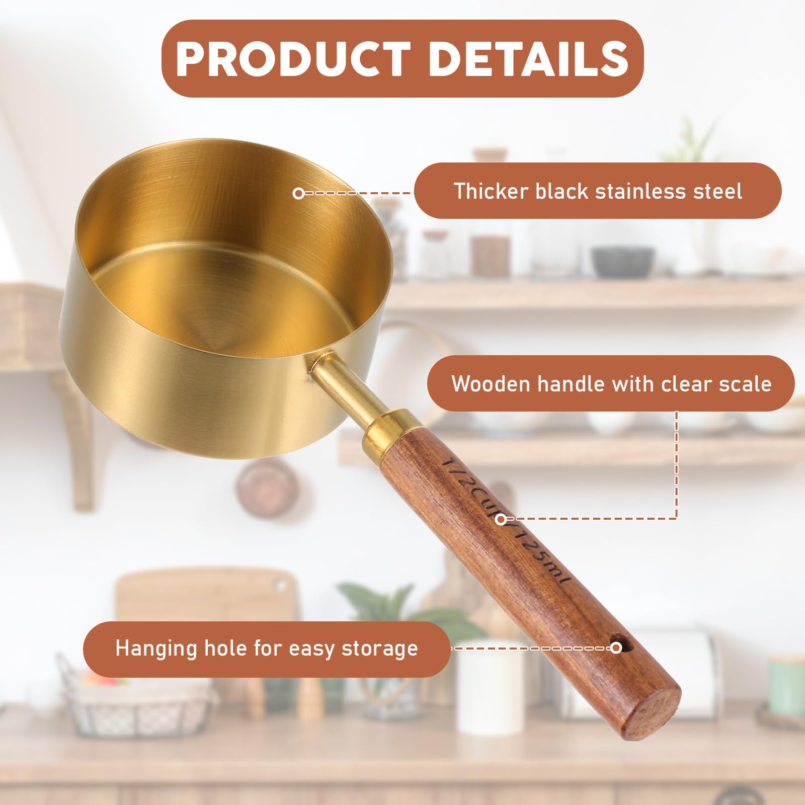 Engraved measurement marks on SynHHnergyx wooden-handle cups for easy reading.