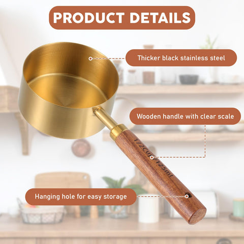 Engraved measurement marks on SynHHnergyx wooden-handle cups for easy reading.